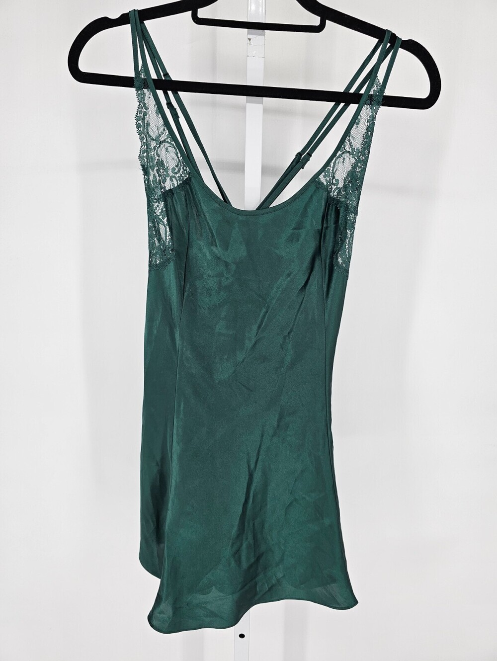 Vtg Victorias Secret Womens Sz M Satin Nightie Nightgown Emerald Green Lace Trim